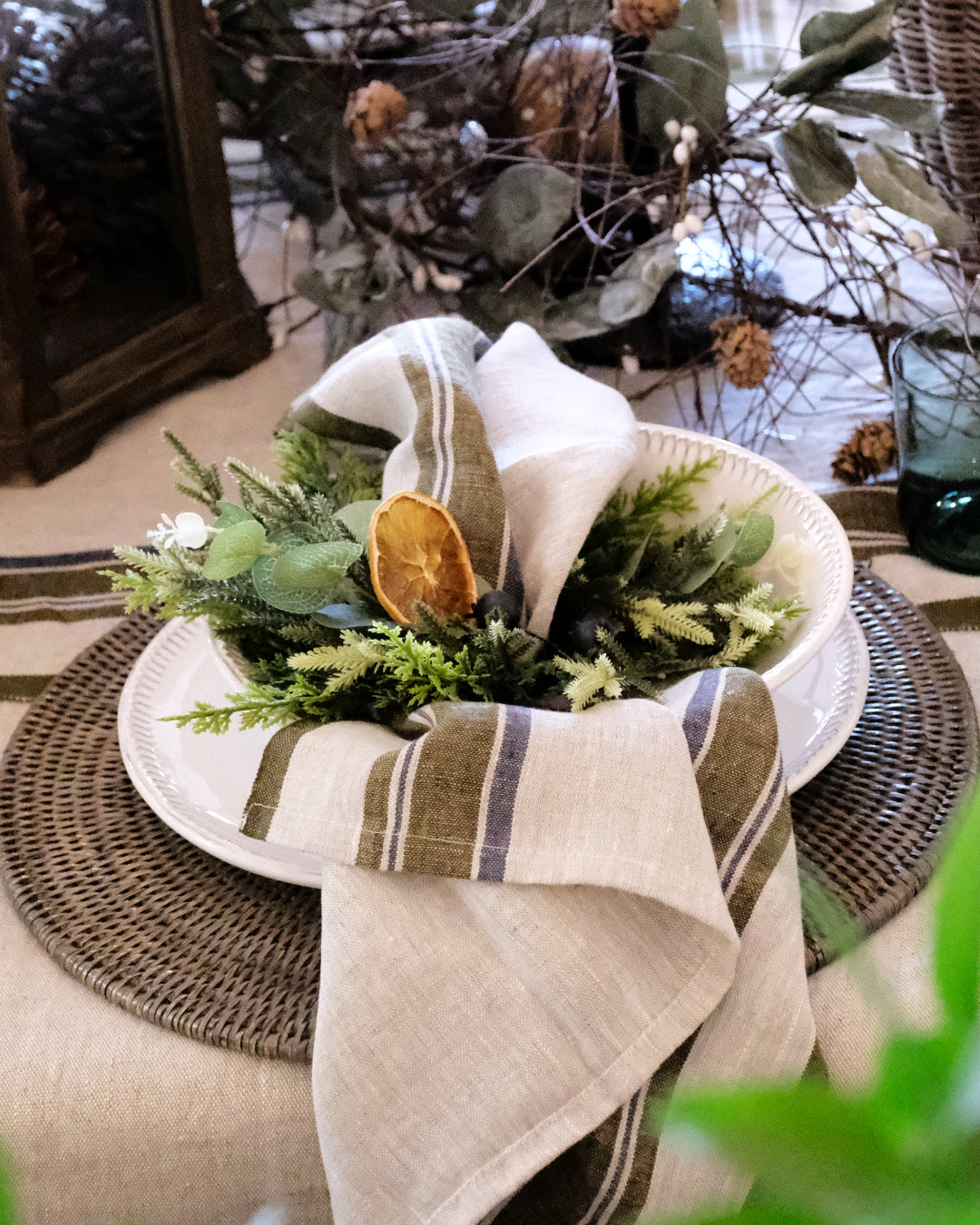 Green Selvedge Stripe Linen Tablecloth | 150x250cm