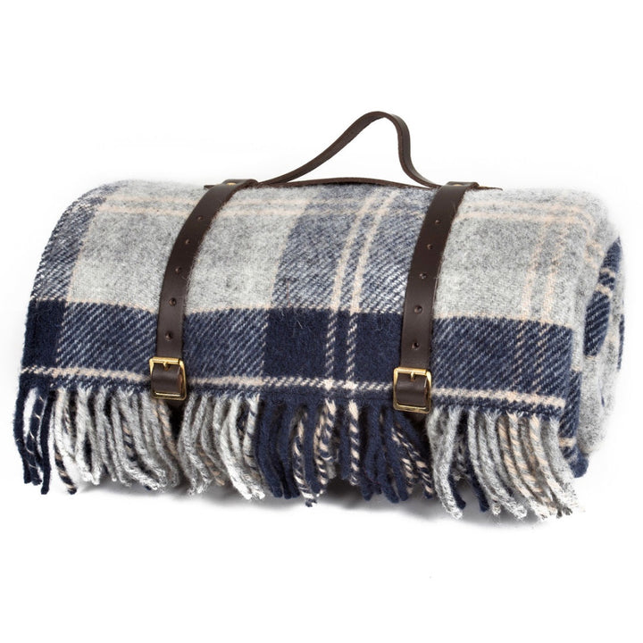 Picnic Rug Woollen with Waterproof Backing & Leather Strap | Check Navy
