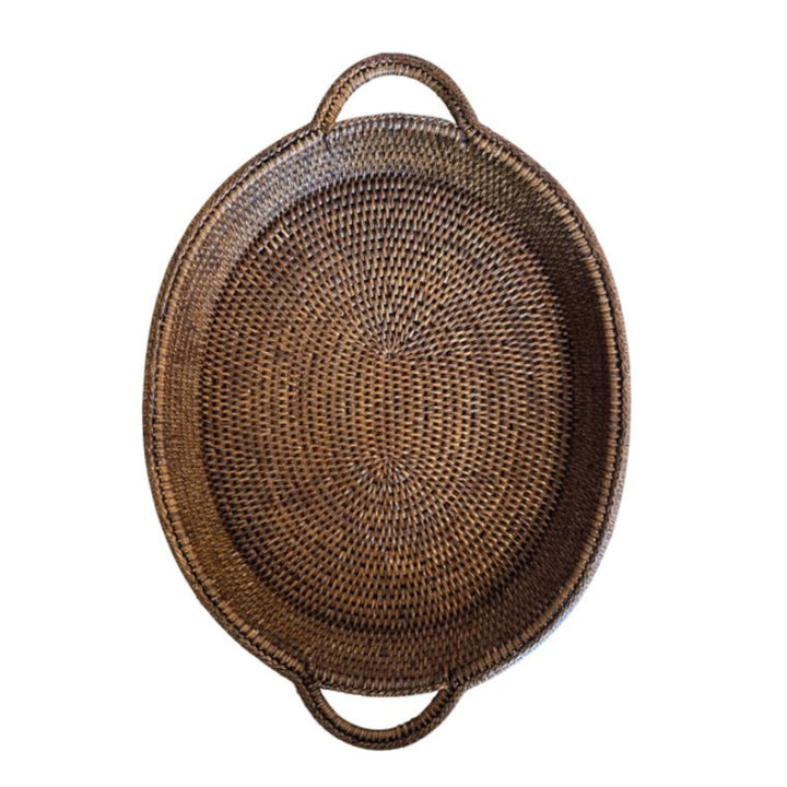 Oval Rattan Tray with Handles | Antique Brown