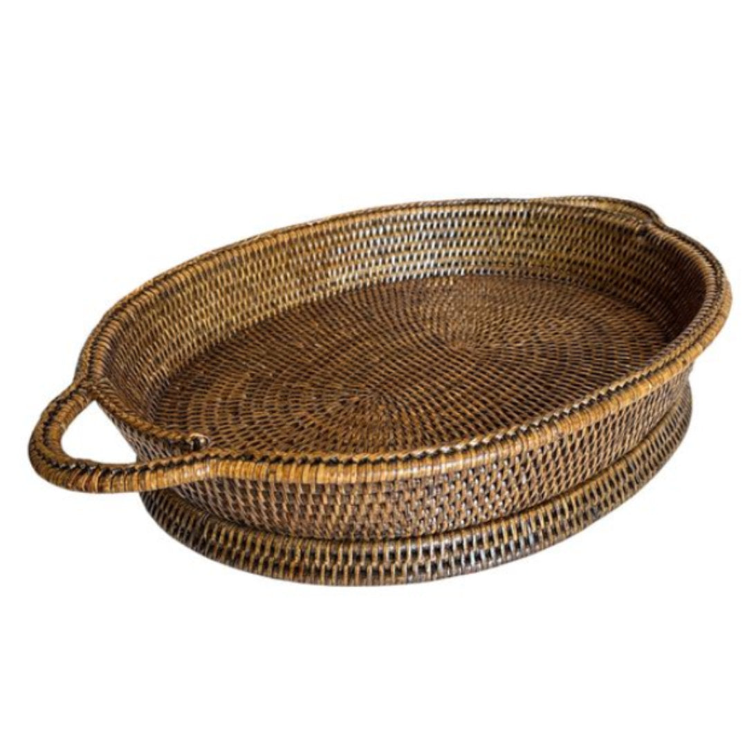 Oval Rattan Tray with Handles | Antique Brown