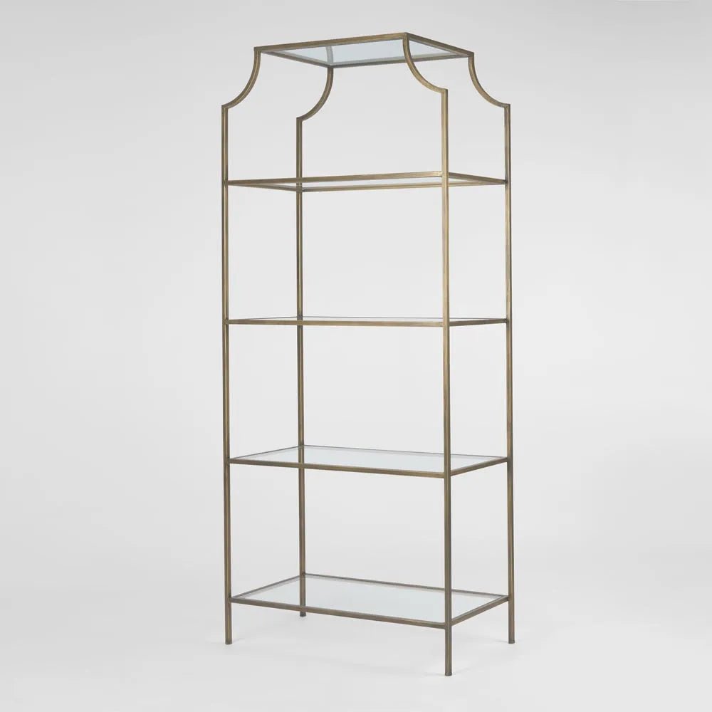 Pallisade Brass Bookcase with Glass Shelves | W91 x D38 x H205cm - Suzie Anderson Home