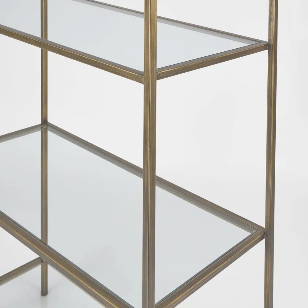 Pallisade Brass Bookcase with Glass Shelves | W91 x D38 x H205cm - Suzie Anderson Home