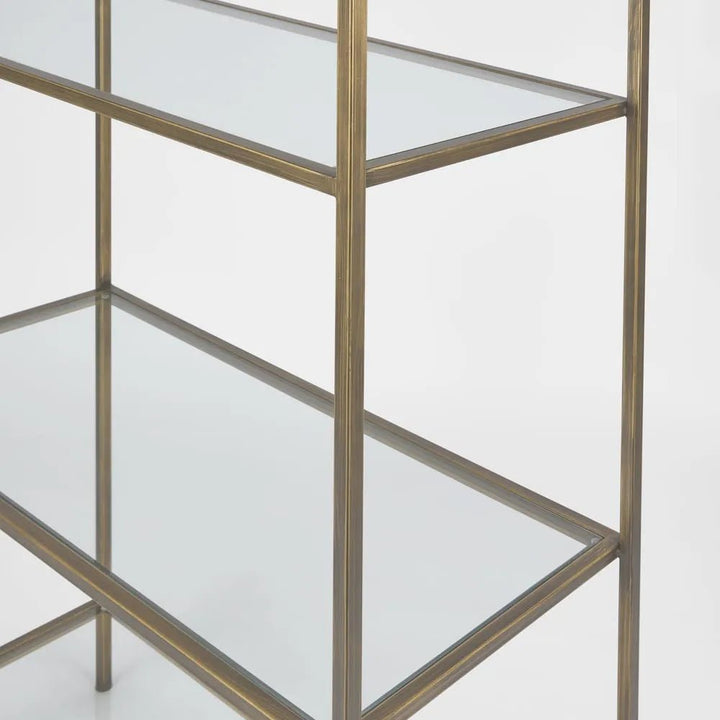 Pallisade Brass Bookcase with Glass Shelves | W91 x D38 x H205cm - Suzie Anderson Home