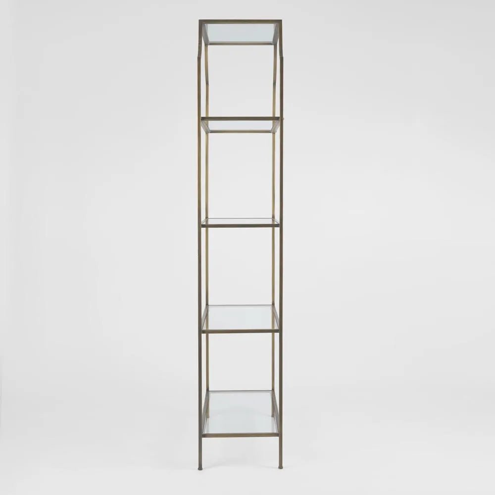Pallisade Brass Bookcase with Glass Shelves | W91 x D38 x H205cm - Suzie Anderson Home