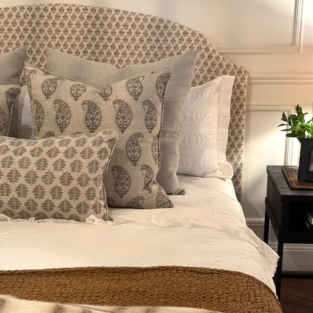 Penelope Upholstered Bedhead | Sanganer Sahara Linen | Queen