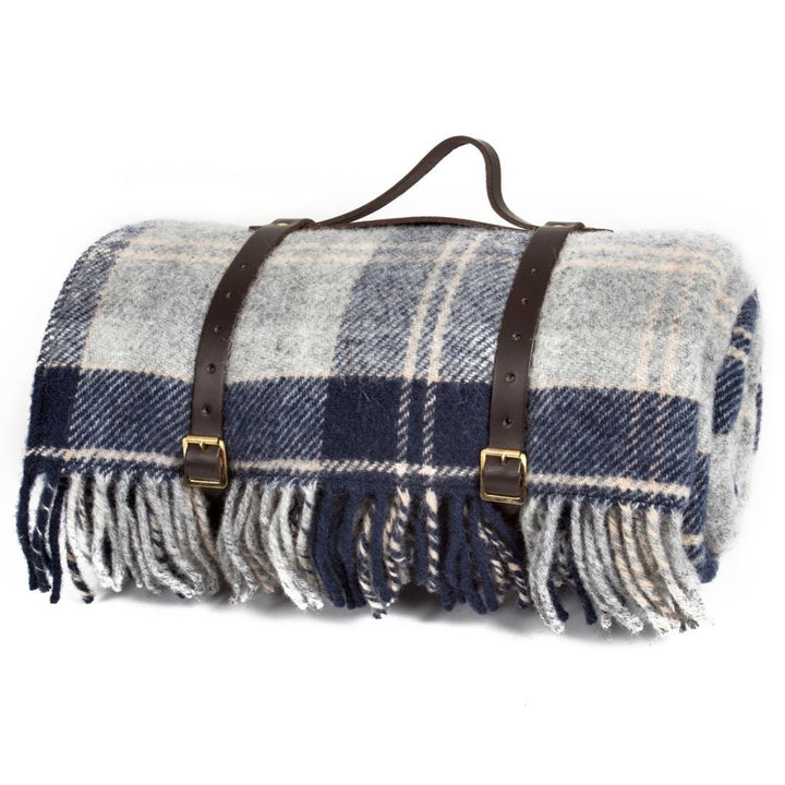 Picnic Rug Woollen with Waterproof Backing & Leather Strap | Check Navy