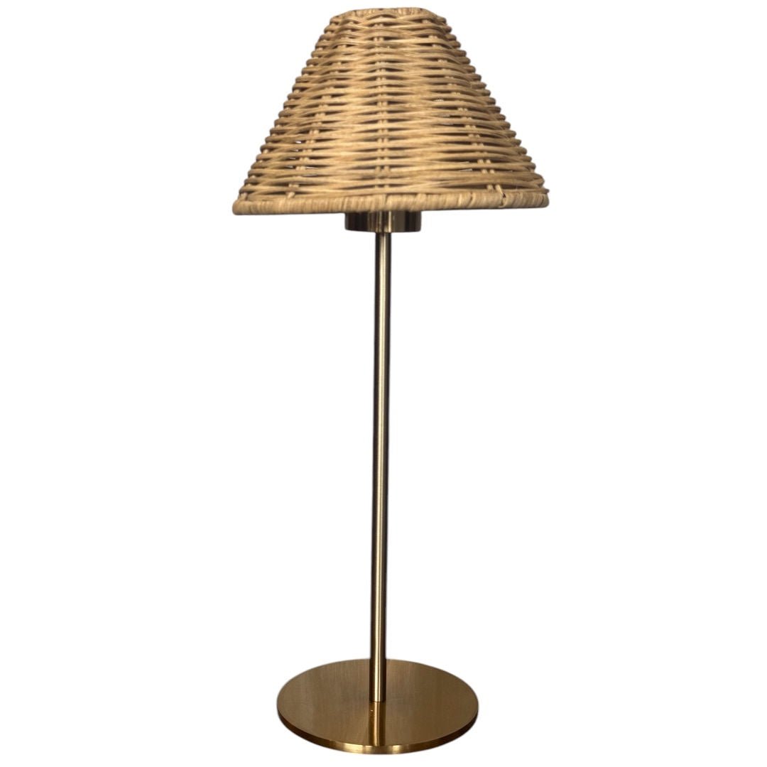 Portable LED Lamp with Brass Pole w Rattan Shade - Suzie Anderson Home