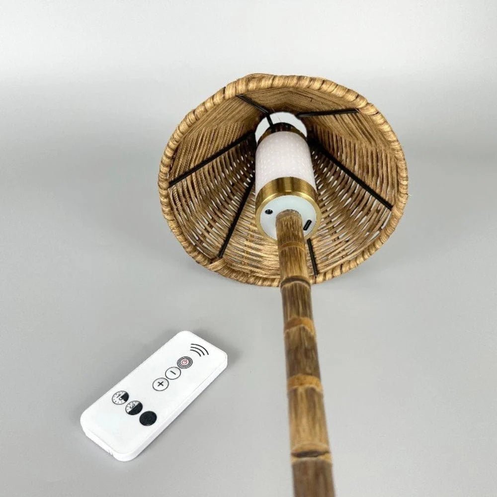 Portable LED Tall Lamp | Bamboo Pole with Rattan Shade - Suzie Anderson Home