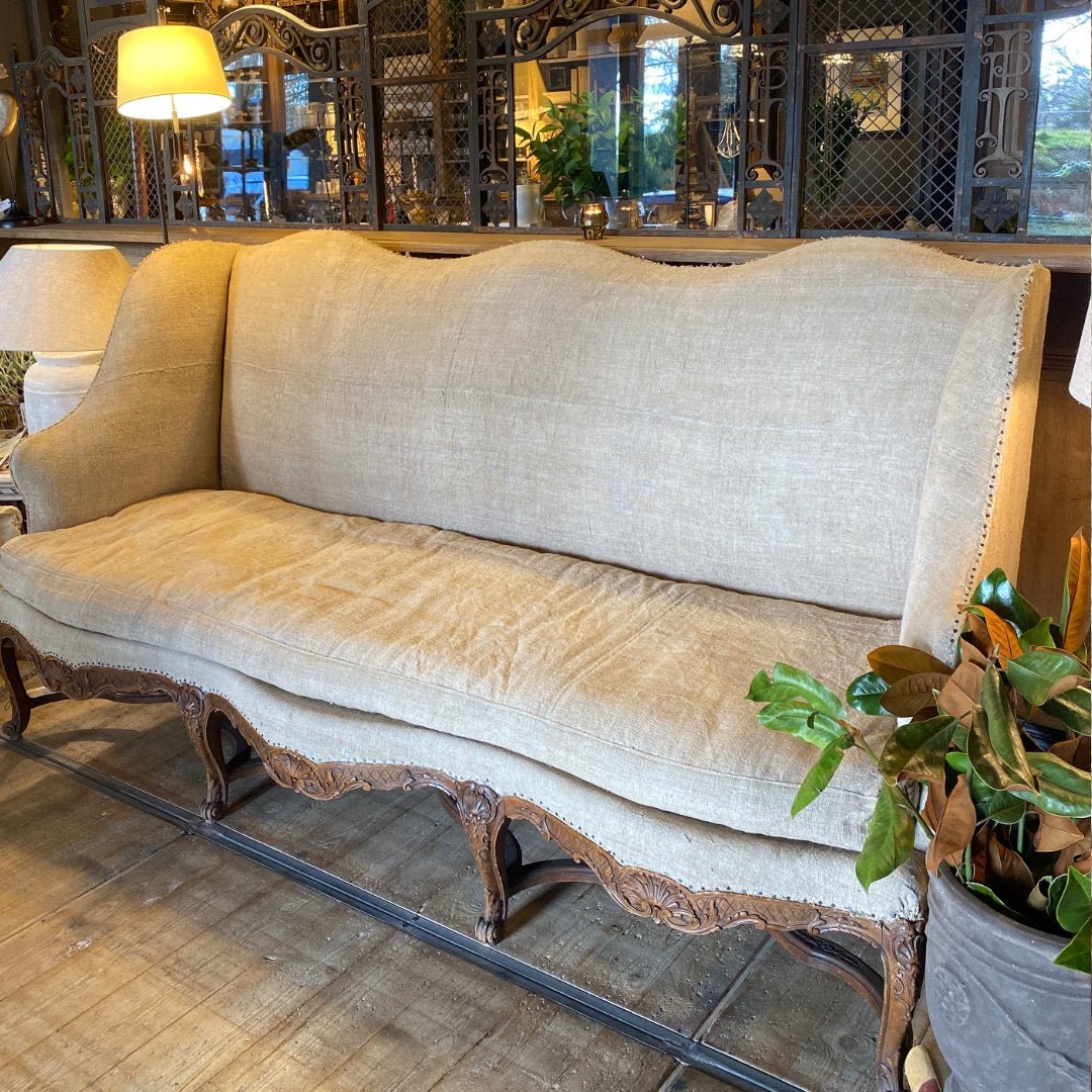 Rare French Provincial Linen Settee | Early 20th Century | Vintage Hopsack Upholstery - Suzie Anderson Home