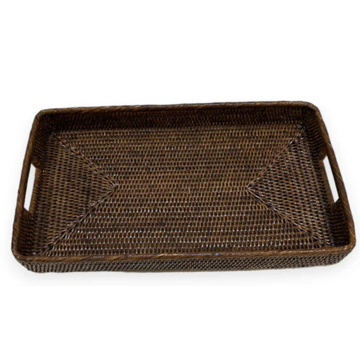 Rectangular Rattan Tray with Inset Handles | Antique Brown