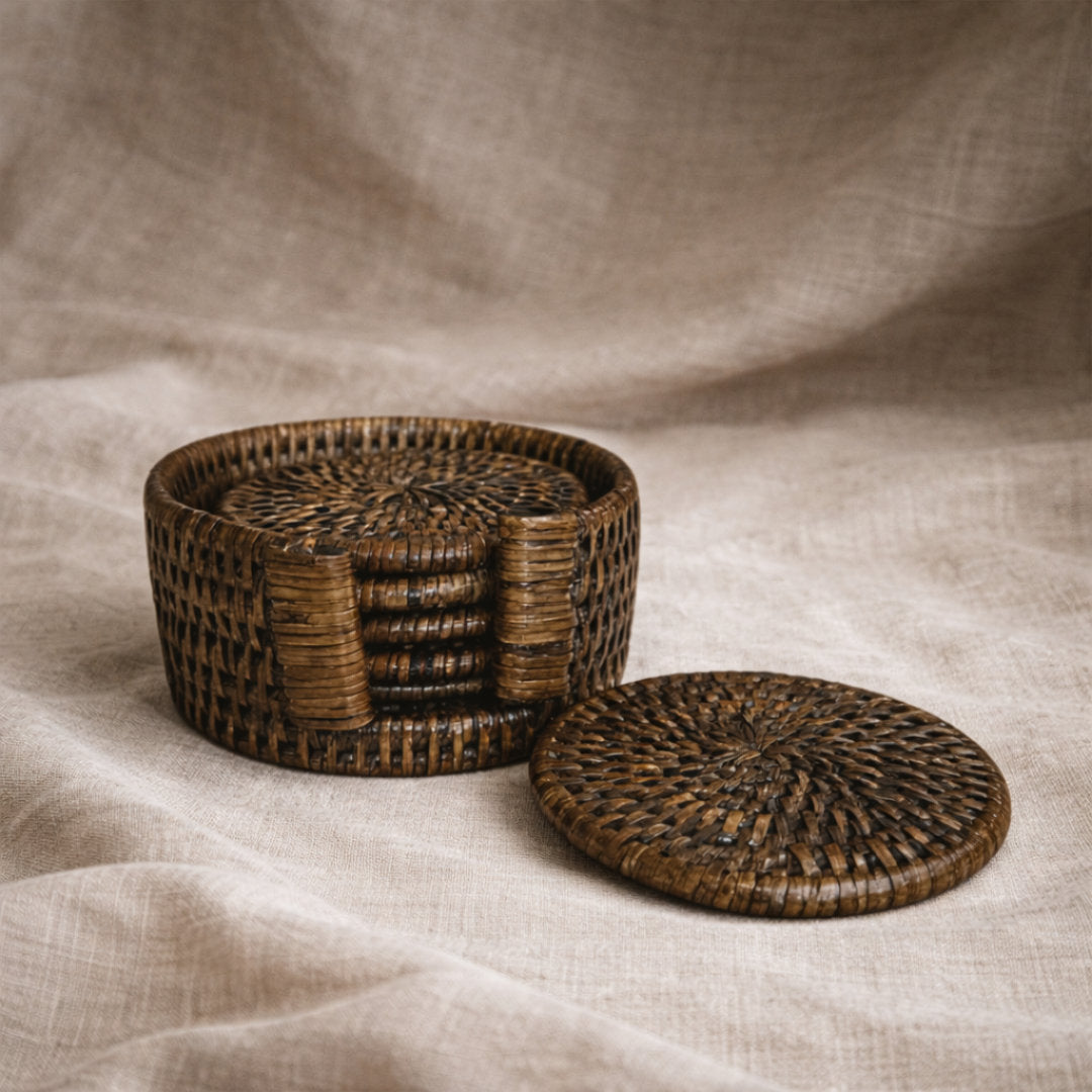 Round Rattan Coasters | Set of 6 | Antique Brown