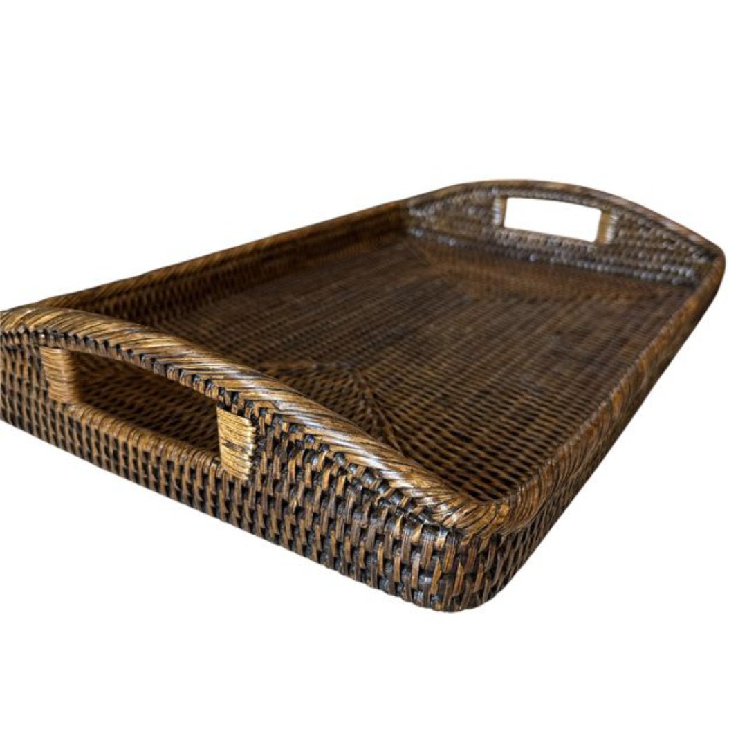 Rectanagular Rattan Breakfast Tray | Rounded Handles | Antique Brown - Suzie Anderson Home