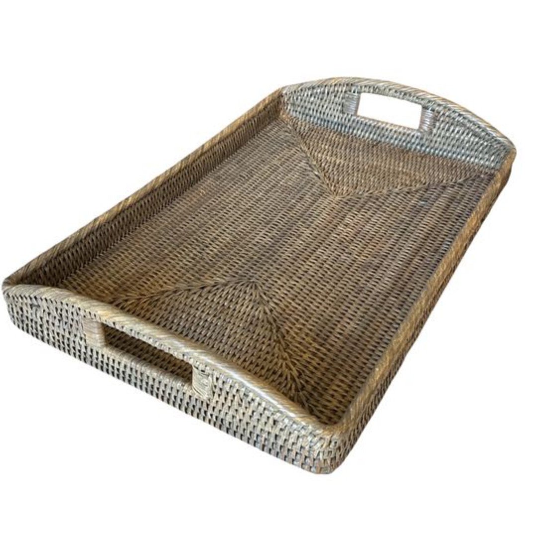 Rectanagular Rattan Breakfast Tray | Rounded Handles | Old Grey - Suzie Anderson Home