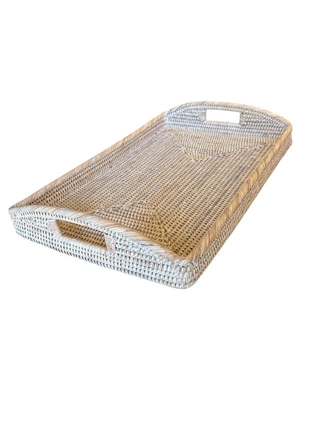 Rectangular Rattan Breakfast Tray with Rounded Handles | White Wash - Suzie Anderson Home