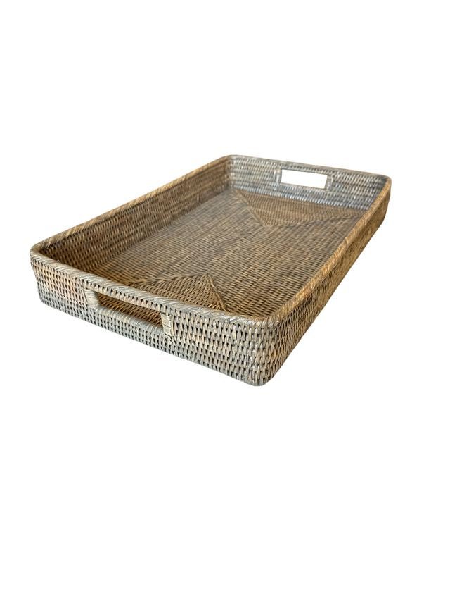 Rectangular Rattan Tray | Inside Handles | Old Grey - Suzie Anderson Home