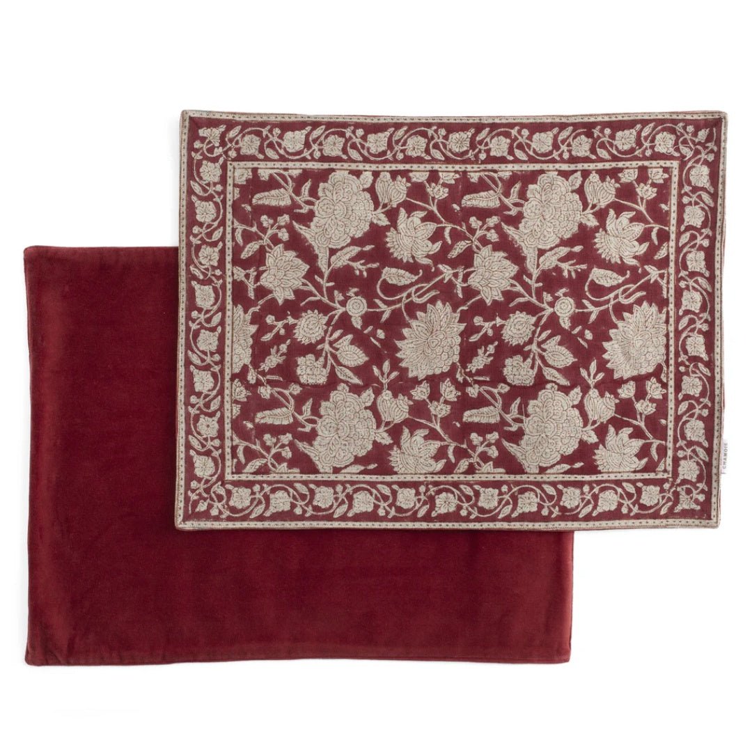 Reversible Indian Rose | SET OF 2 | Linen/Cotton Velvet Placemat | Red - Suzie Anderson Home