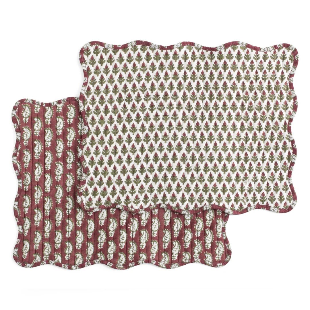 Reversible Paisley Quilted Organic Cotton Placemats | SET OF 2 | Red & Green - Suzie Anderson Home