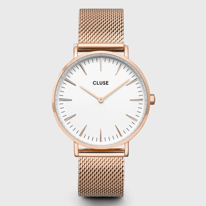 PROMO Cluse | Boho Chic Mesh Watch | Rose Gold/White w BONUS Rose Gold Leather Strap