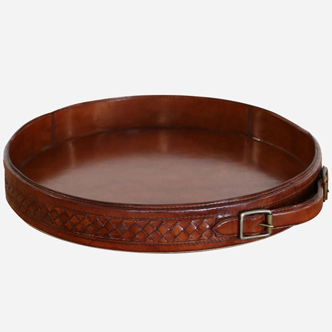 Round Leather Tray with Plaited Sides - Suzie Anderson Home
