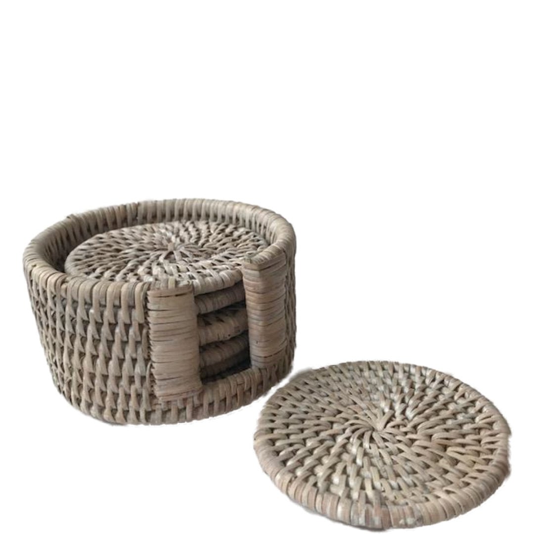 Round Rattan Coasters | Set of 6 | White Wash - Suzie Anderson Home