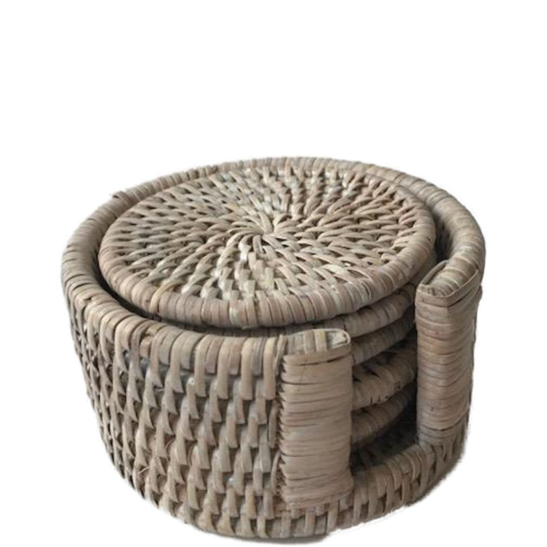 Round Rattan Coasters | Set of 6 | White Wash - Suzie Anderson Home