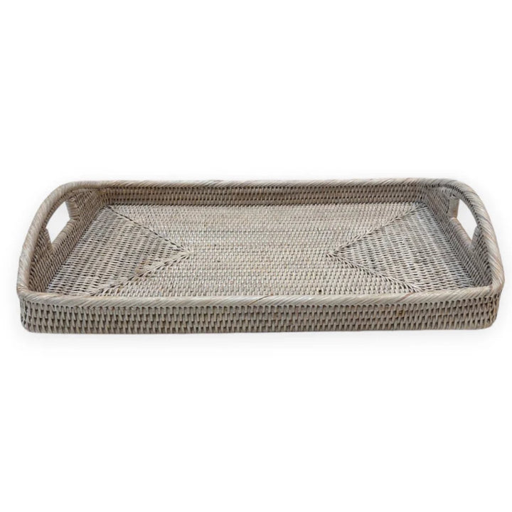 Rectangular Rattan Breakfast Tray with Rounded Handles | White Wash