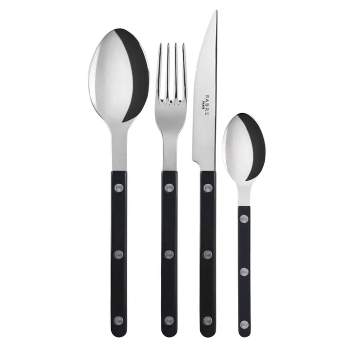 Sabre | Bistrot Shiny Finish | Black | 4pc Dinner Fork, Dinner Knife, Soup Spoon, Teaspoon