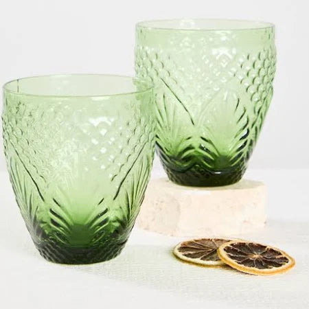 Etched Vintage Green Glass Tumbler