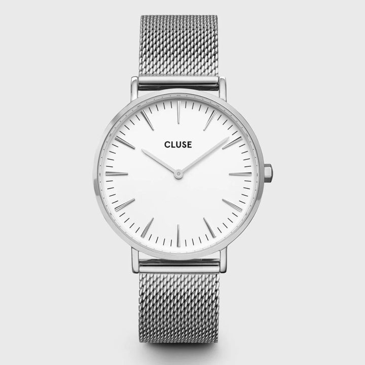 PROMO Cluse | Boho Chic Mesh Watch | Silver/White w BONUS Ivory Strap