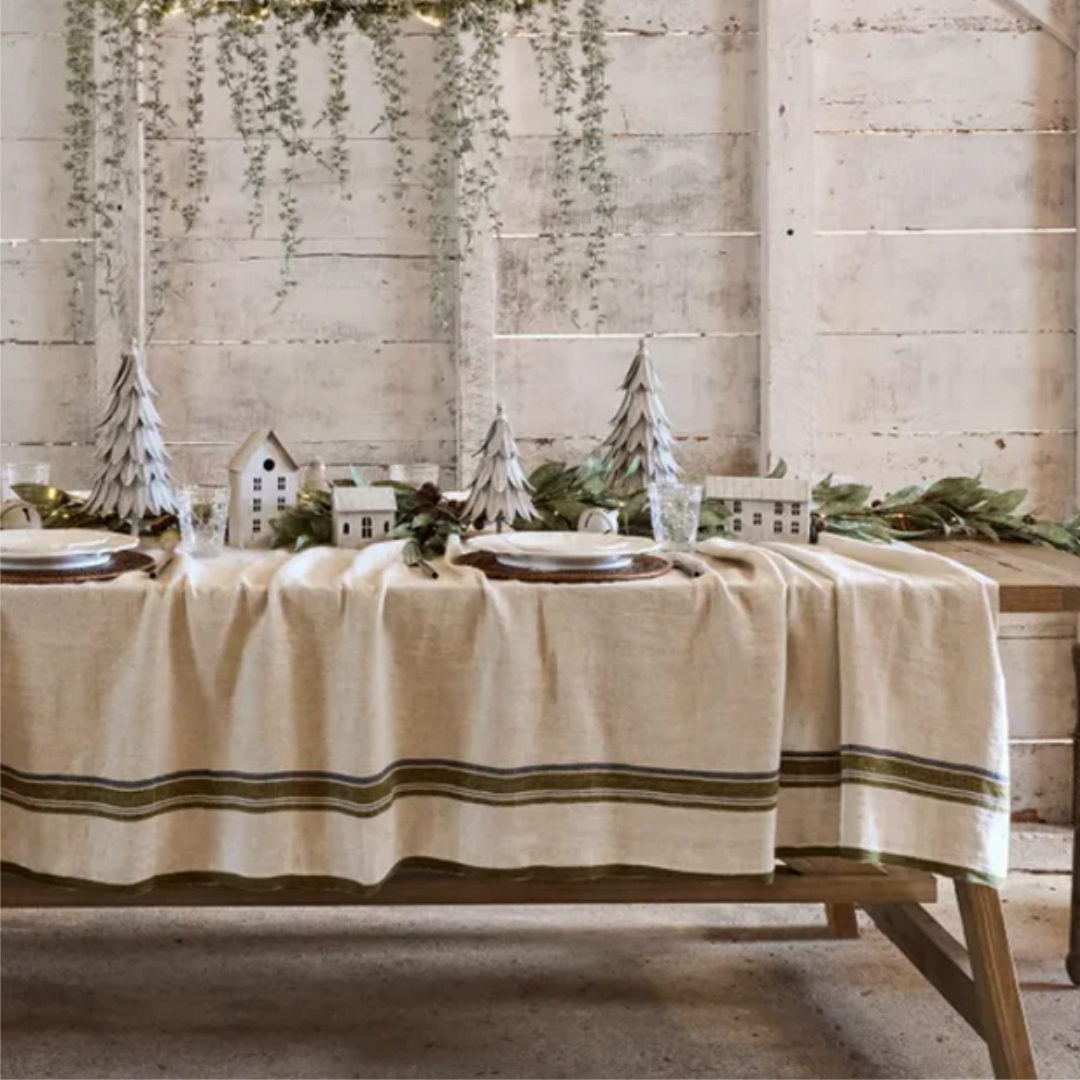 Green Selvedge Stripe Linen Tablecloth | 150x250cm