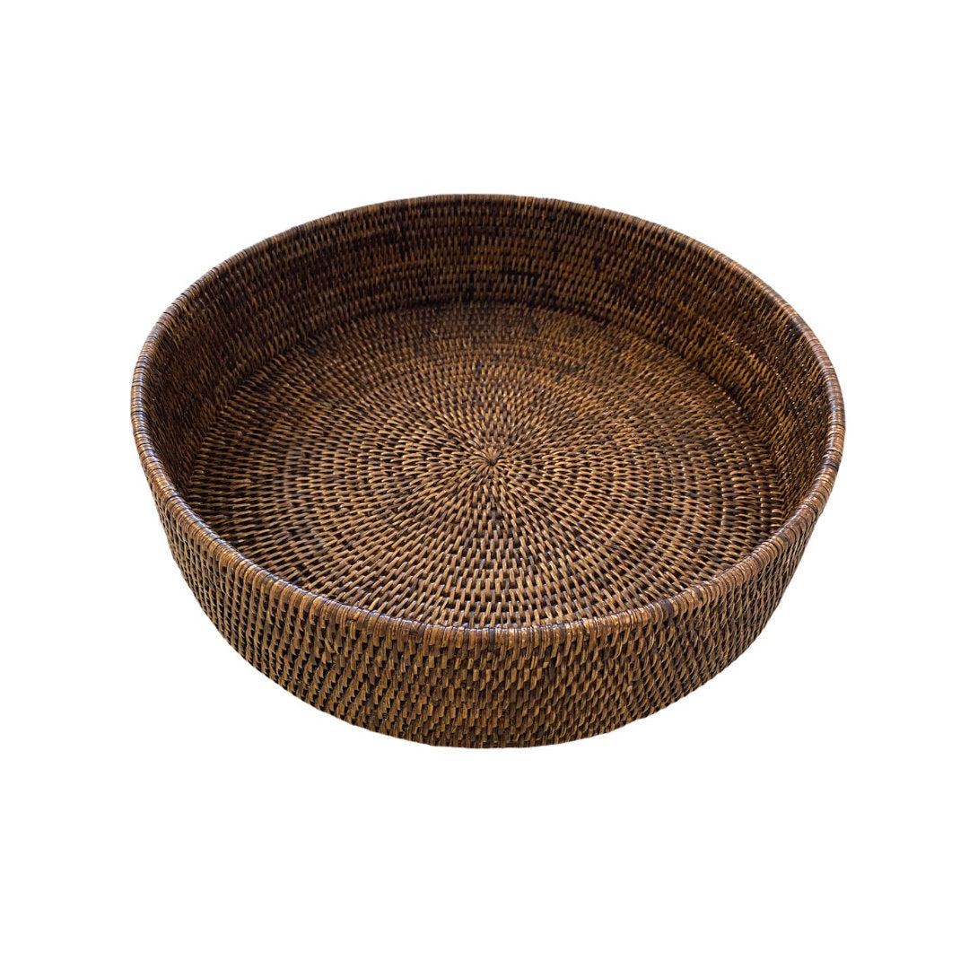 Large Round Rattan Tray | Antique Brown