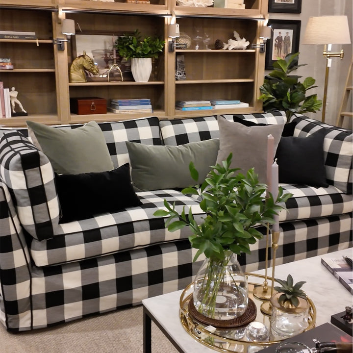 Moncur 2.5 Seater Slipcover Sofa Black &amp; White Check | Feather Wrap Cushions | 10-Year Frame Warranty