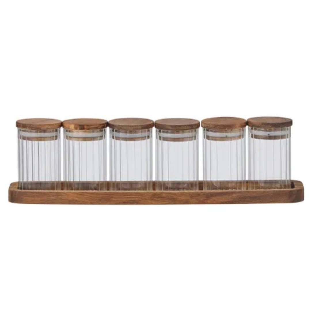Rosco 7pce Glass/Wood Spice Set