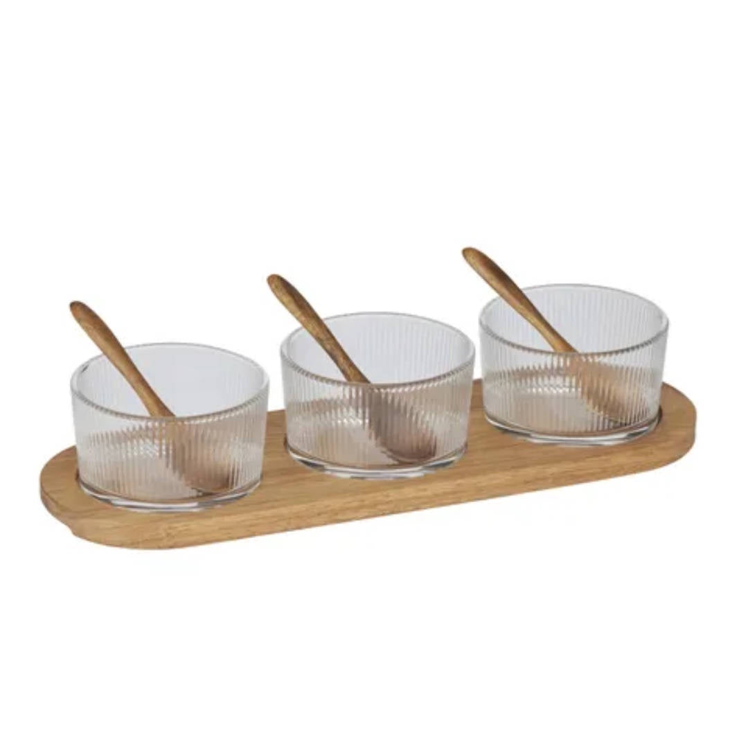 Dita Trio Glass Bowls with Spoons on Wooden Tray | Set of 3