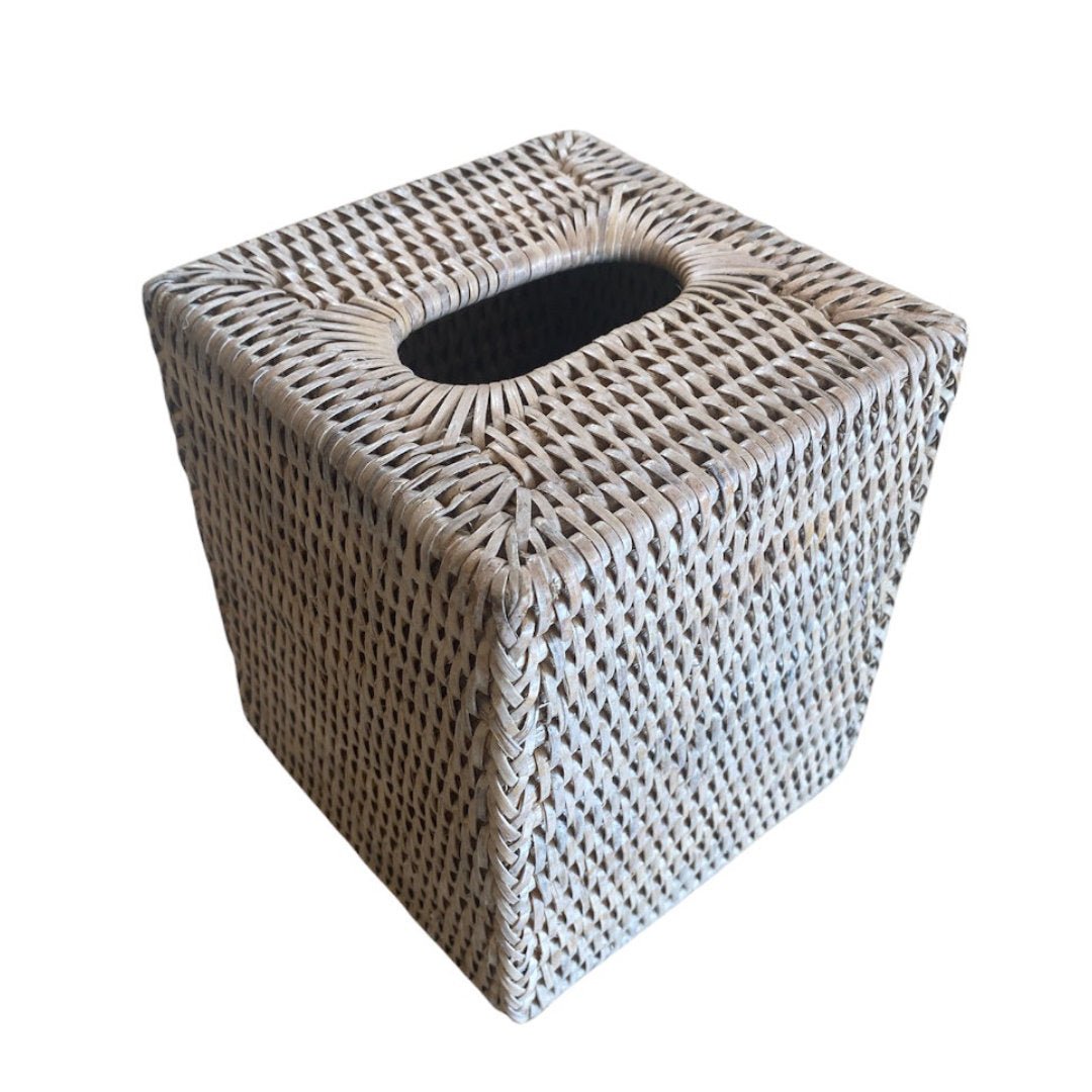 Square Rattan Tissue Box | White Wash - Suzie Anderson Home