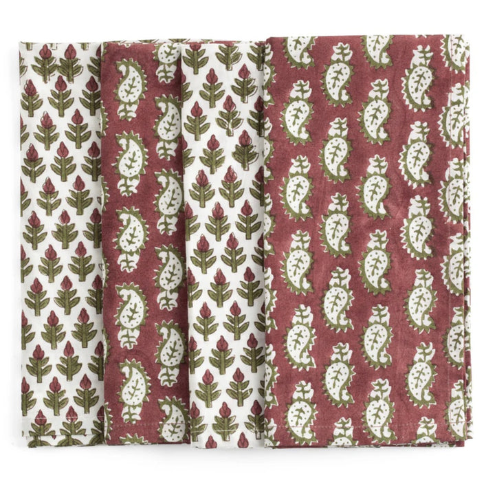 Reversible Paisley & Hyacinth Oganic Cotton Napkins | SET OF 4 | Red Green White
