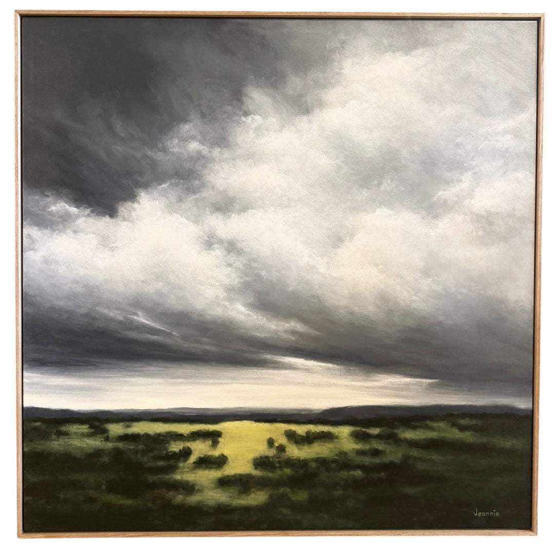 The Gathering Light Artwork | Oak Framed Acrylic on Canvas | 105 x 105cm | Jeannie Dolan - Suzie Anderson Home