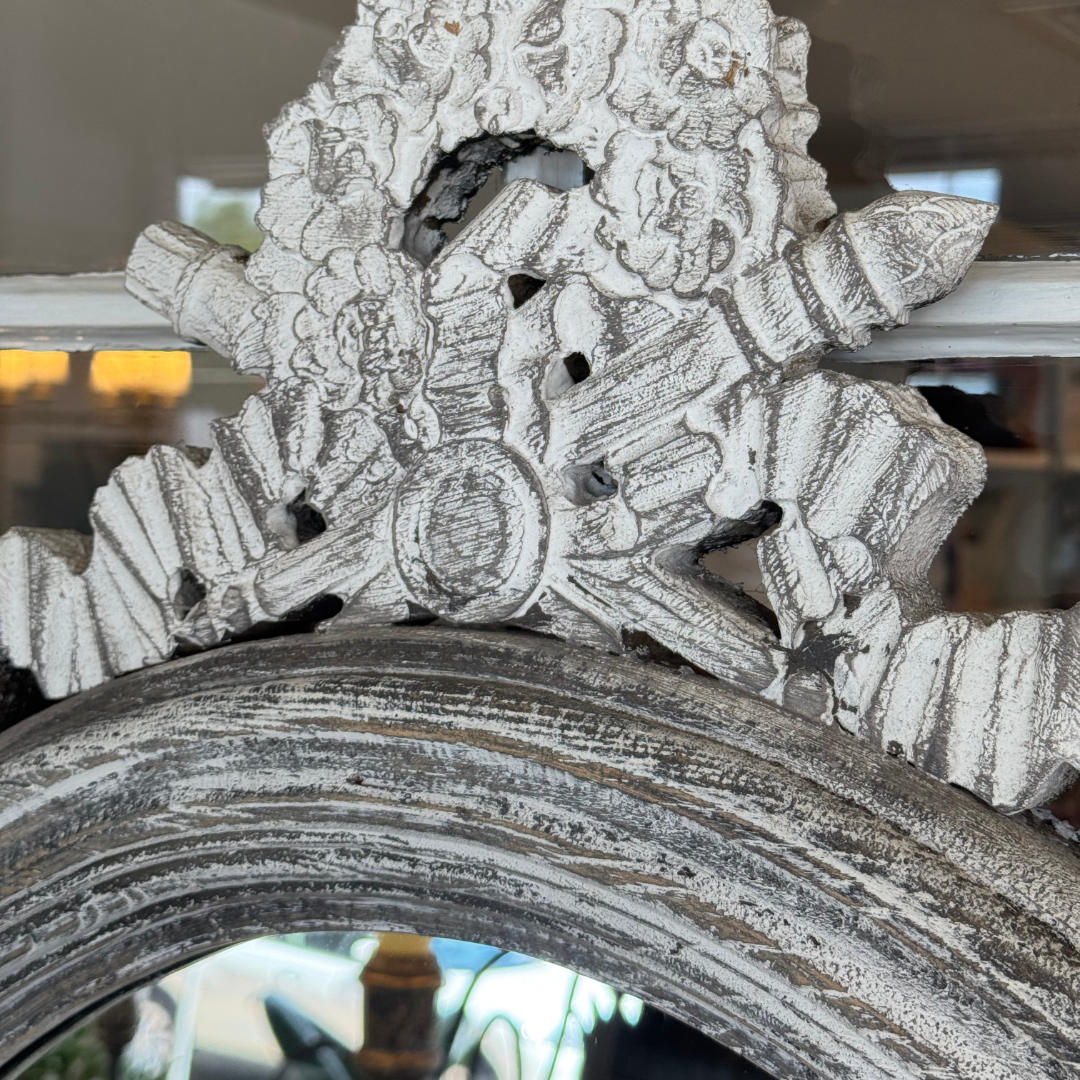 French Style Mirror in Timber with Rustic Grey Frame & Decorative Flourish at the Crest