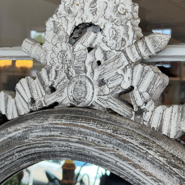 French Style Mirror in Timber with Rustic Grey Frame & Decorative Flourish at the Crest