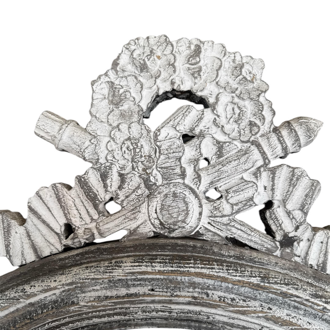 French Style Mirror in Timber with Rustic Grey Frame & Decorative Flourish at the Crest