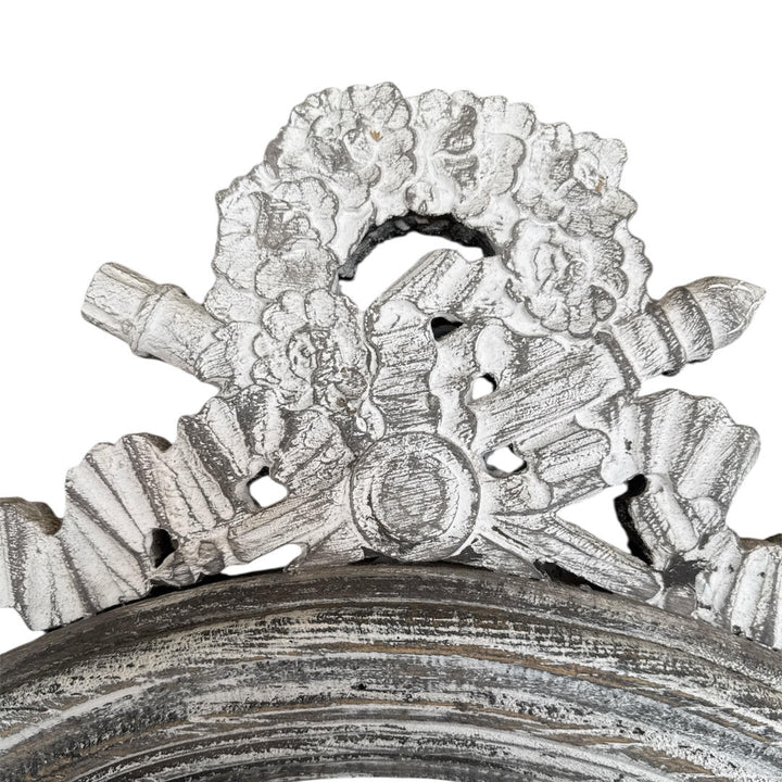 French Style Mirror in Timber with Rustic Grey Frame & Decorative Flourish at the Crest