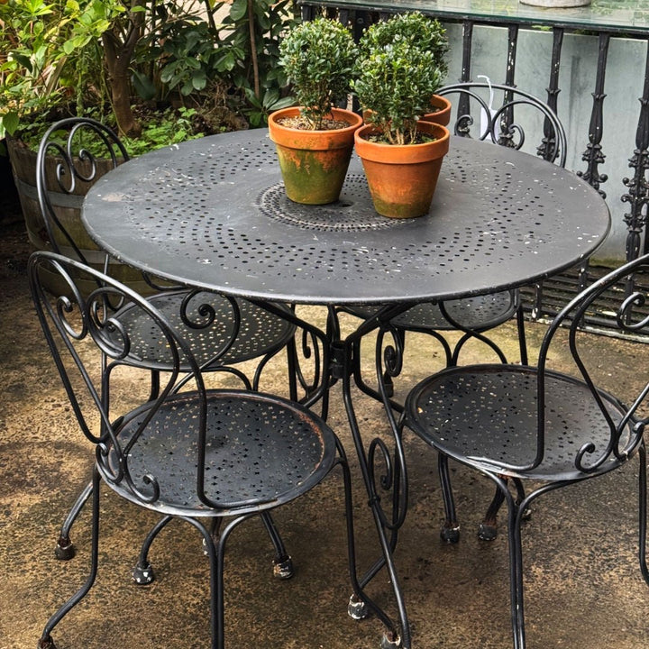 Vintage French Black Iron Bistro Table with Four Chairs - Suzie Anderson Home