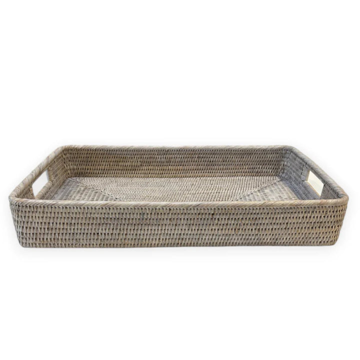 Rectangular Rattan Tray with Inset Handles | White Wash