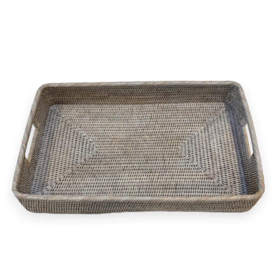 Rectangular Rattan Tray with Inset Handles | White Wash