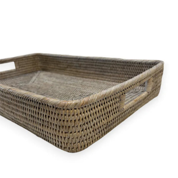 Rectangular Rattan Tray with Inset Handles | White Wash