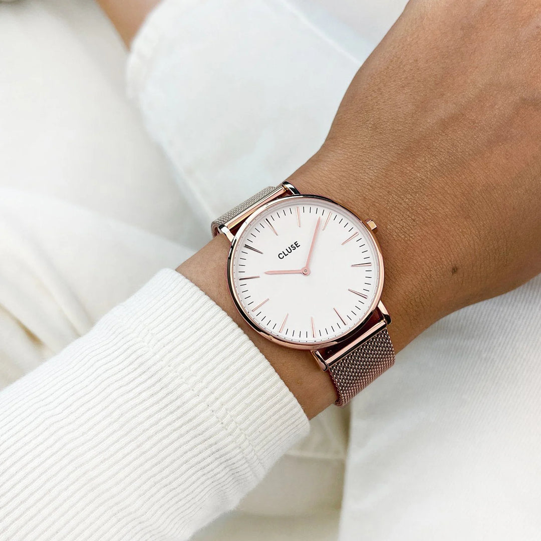 PROMO Cluse | Boho Chic Mesh Watch | Rose Gold/White w BONUS Rose Gold Leather Strap