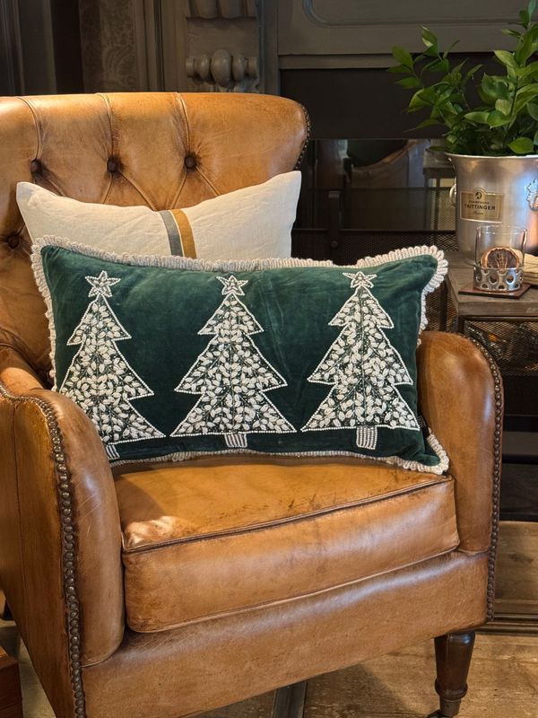 Green Cushion Cover with 3 White Trees  | 35x55cm