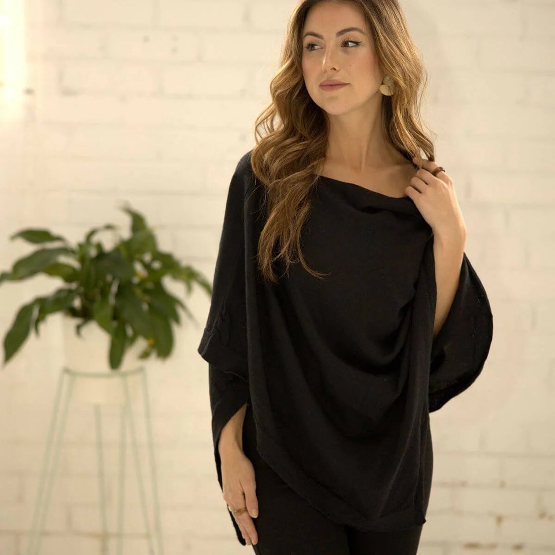 Zara Merino Wool Knit Poncho – Black | 60 x 70 cm - Suzie Anderson Home