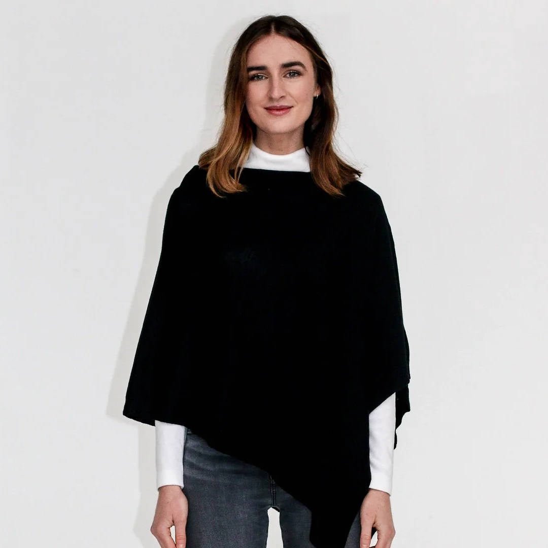 Zara Merino Wool Knit Poncho – Black | 60 x 70 cm - Suzie Anderson Home